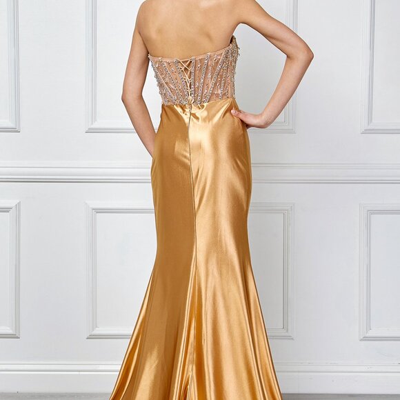 Formal dress.Evening prom party fitted strapless beaded corset navy blue or gold - Picture 5 of 6